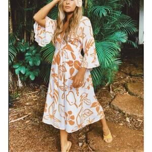 Gillia Floral Coverup Midi Dress White Yellow Size S Blee Sleeve Rayon Handmade